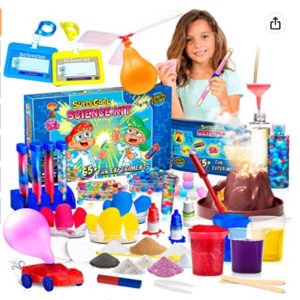 Super Cool Science kit with supplies and girl smiling
