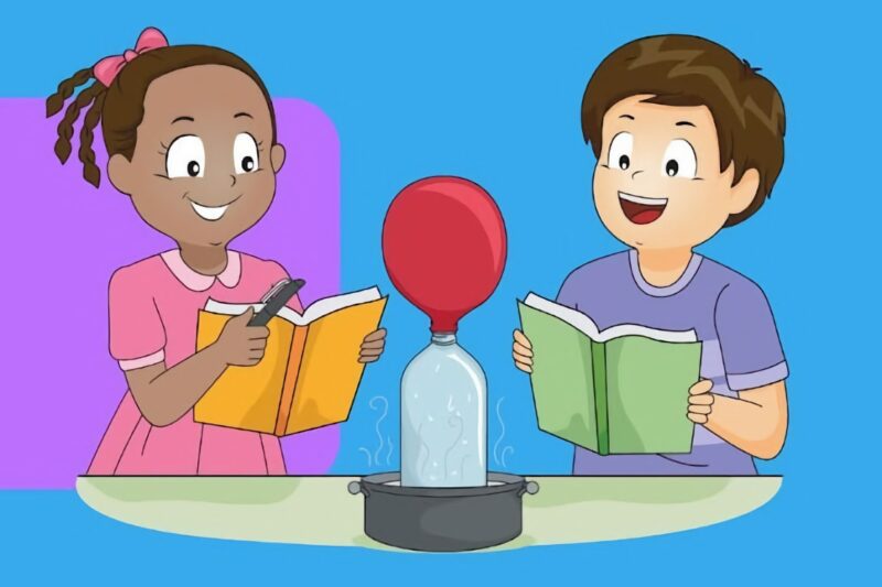 illustration of a boy and girl looking at a balloon experiment