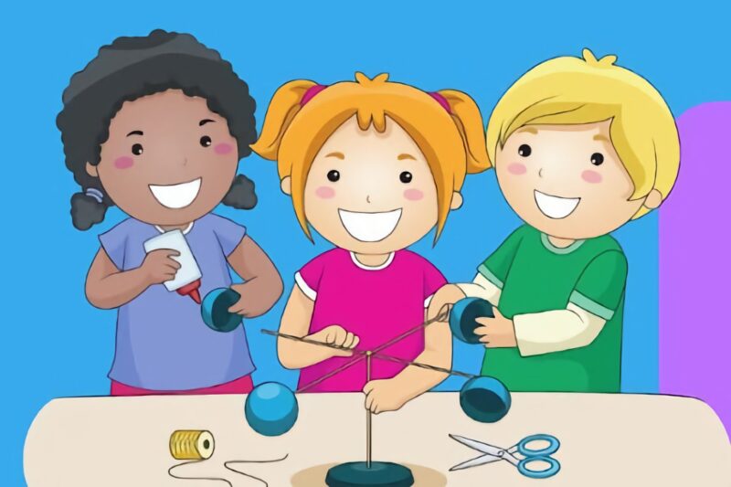 illustration of 3 kids building a model