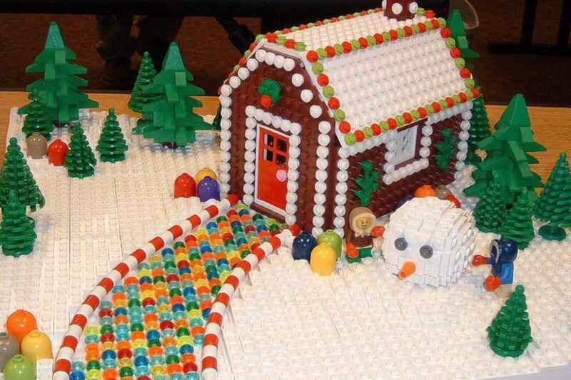 LEGO winter scene with gingerbread house