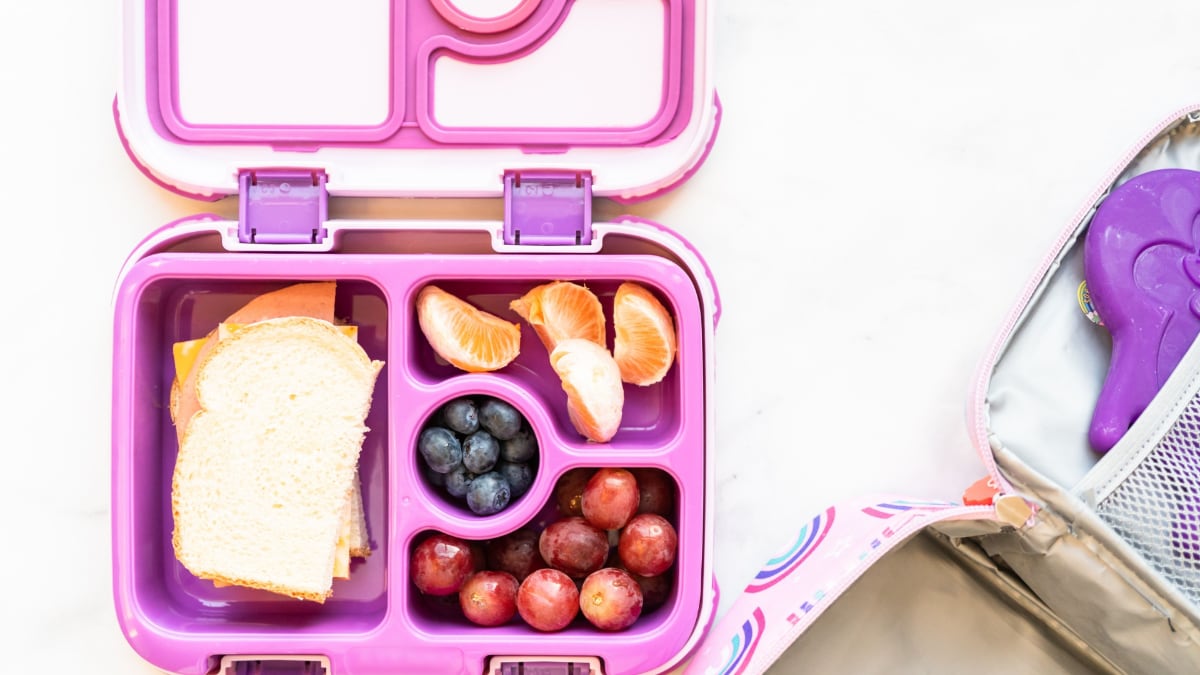 pink bento box with sandwich, oranges, blueberries, and grapes