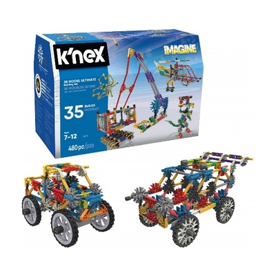 box of K'nex with built vehicles